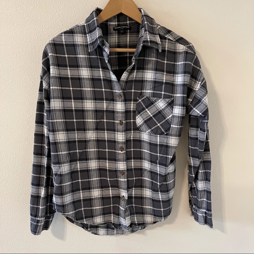 Brandy Melville Wylie Gray Plaid Flannel Button Down Boyfriend Shirt-One Size